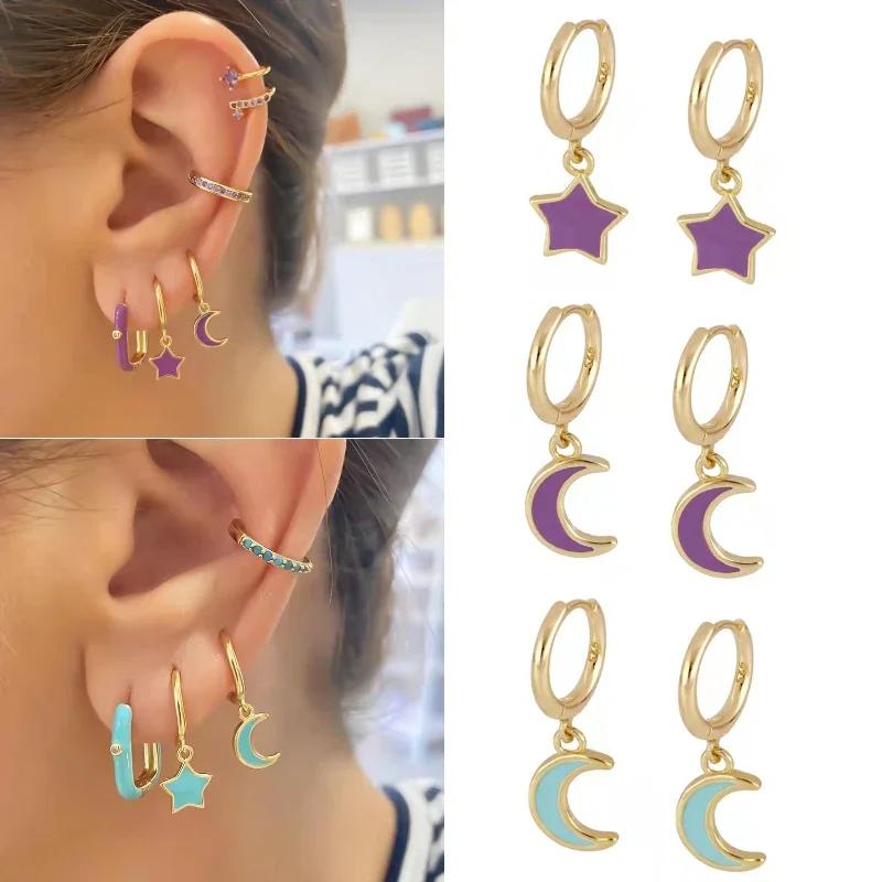 1 Pair Romantic Purple Blue Enamel Hoop Earrings for Women Dripping Oil Moon Star Aretes Pendientes Earring for Wedd